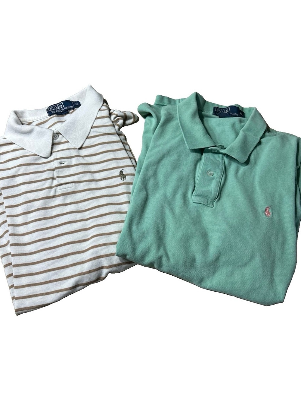 Pair (2) Polo By Ralph Lauren XL Teal And White With Brown Stripes Polos